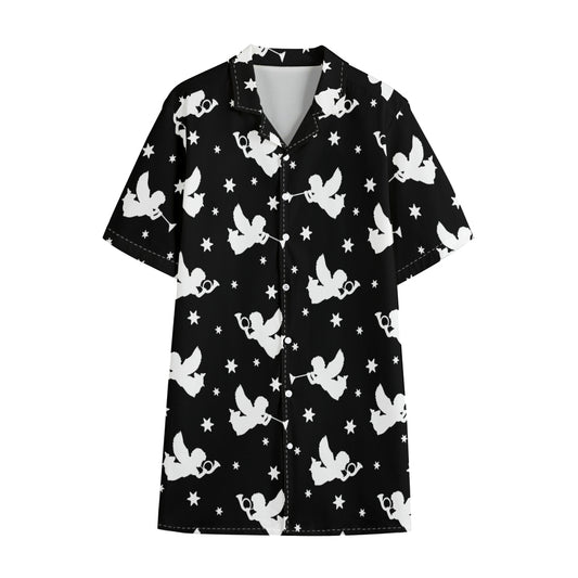Black And White Angel Pattern Print Cotton Hawaiian Shirt