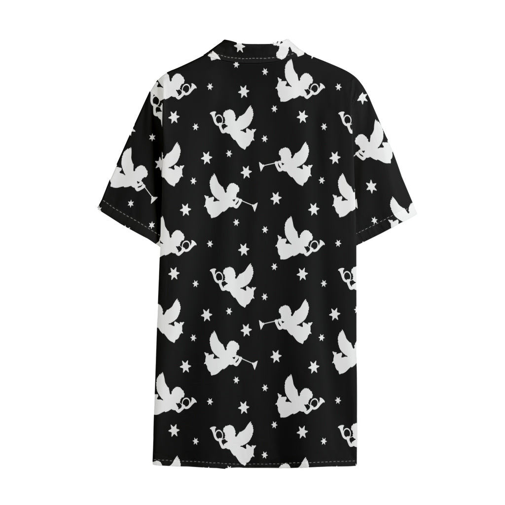 Black And White Angel Pattern Print Cotton Hawaiian Shirt