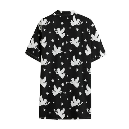 Black And White Angel Pattern Print Cotton Hawaiian Shirt