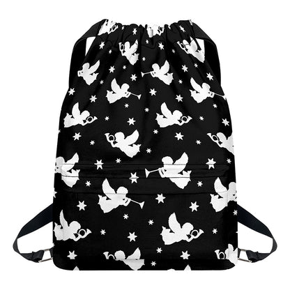 Black And White Angel Pattern Print Drawstring Backpack
