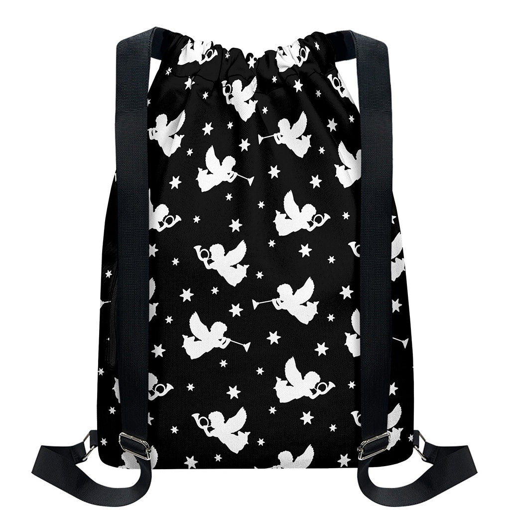 Black And White Angel Pattern Print Drawstring Backpack