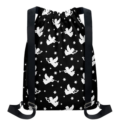 Black And White Angel Pattern Print Drawstring Backpack