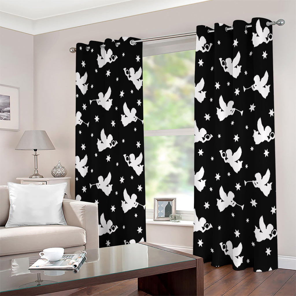 Black And White Angel Pattern Print Extra Wide Grommet Curtains