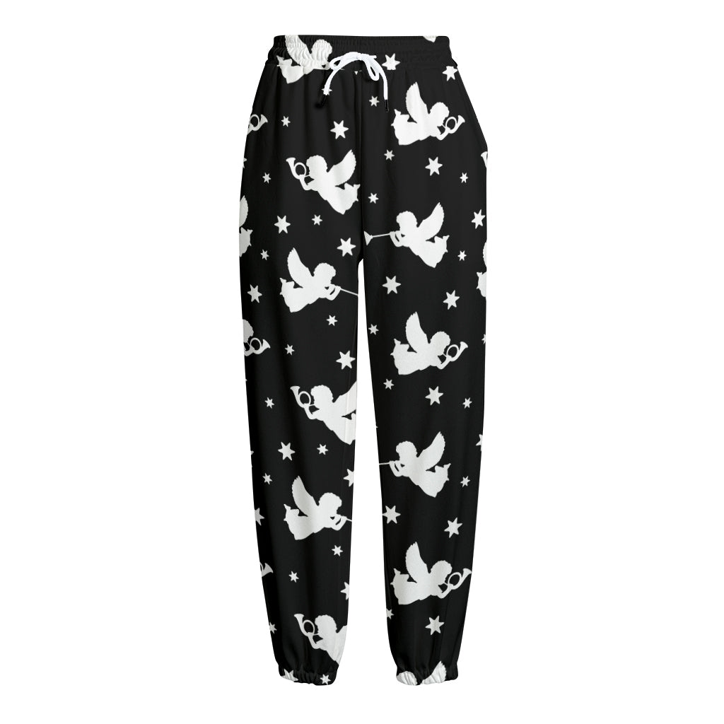 Black And White Angel Pattern Print Fleece Lined Knit Pants
