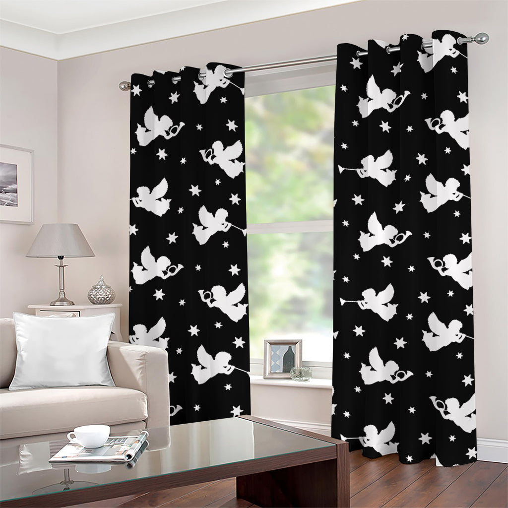 Black And White Angel Pattern Print Grommet Curtains