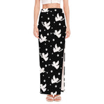 Black And White Angel Pattern Print High Slit Maxi Skirt