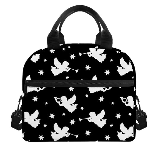 Black And White Angel Pattern Print Insulated Lunch Bag