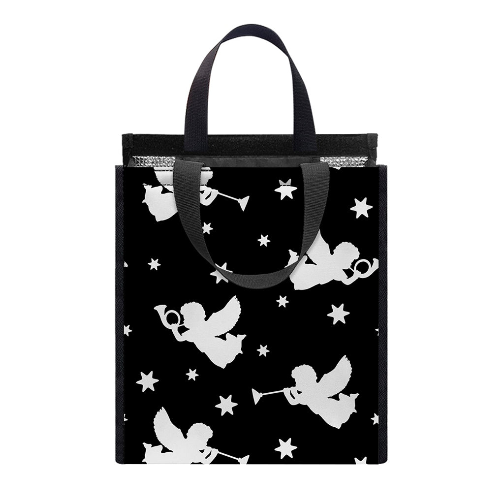 Black And White Angel Pattern Print Insulated Lunch Tote