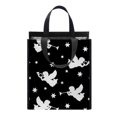 Black And White Angel Pattern Print Insulated Lunch Tote
