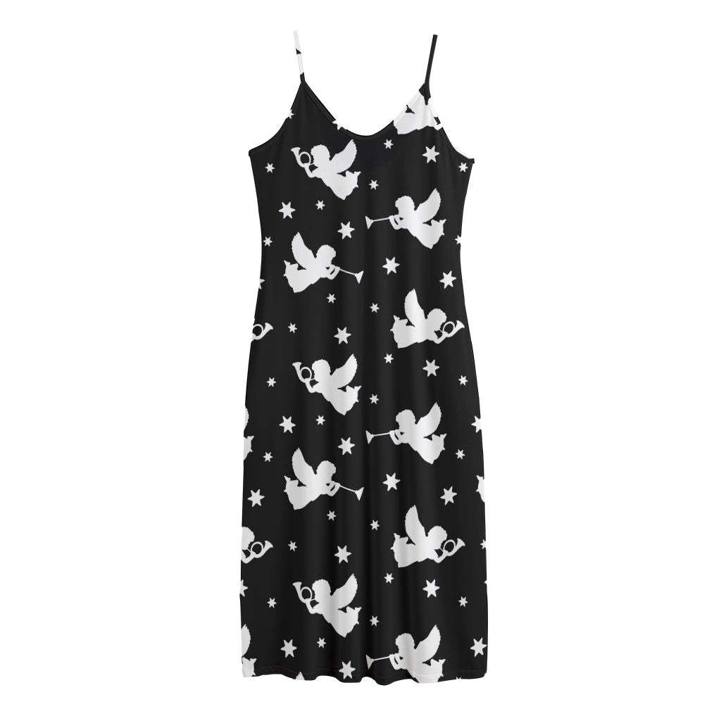 Black And White Angel Pattern Print Jersey Midi Cami Dress