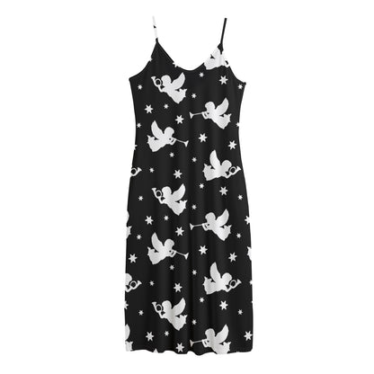 Black And White Angel Pattern Print Jersey Midi Cami Dress
