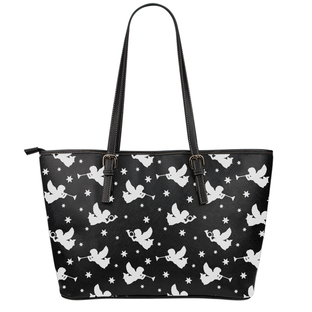 Black And White Angel Pattern Print Leather Tote Bag