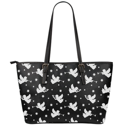 Black And White Angel Pattern Print Leather Tote Bag