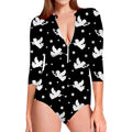 Black And White Angel Pattern Print Long Sleeve Swimsuit