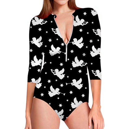 Black And White Angel Pattern Print Long Sleeve Swimsuit
