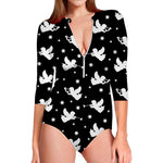 Black And White Angel Pattern Print Long Sleeve Swimsuit