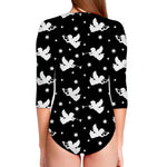 Black And White Angel Pattern Print Long Sleeve Swimsuit