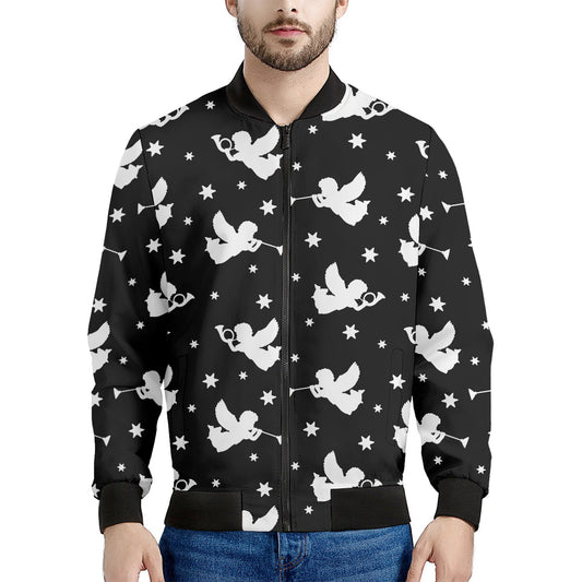 Black And White Angel Pattern Print Men's Bomber Jacket