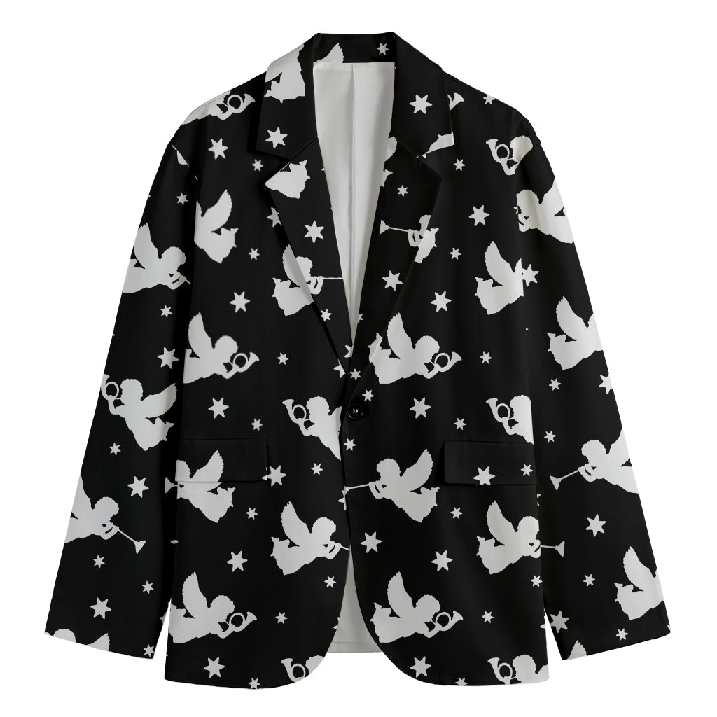 Black And White Angel Pattern Print Men's Cotton Blazer