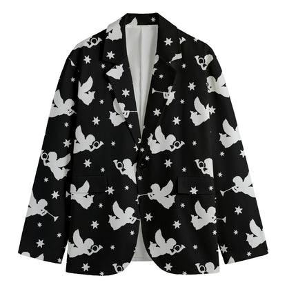 Black And White Angel Pattern Print Men's Cotton Blazer
