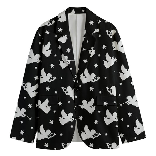 Black And White Angel Pattern Print Men's Cotton Blazer