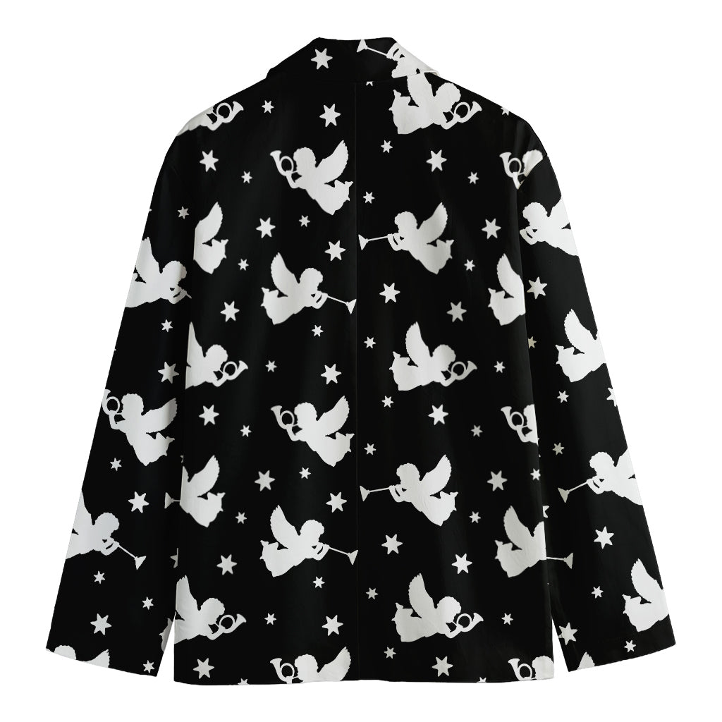 Black And White Angel Pattern Print Men's Cotton Blazer