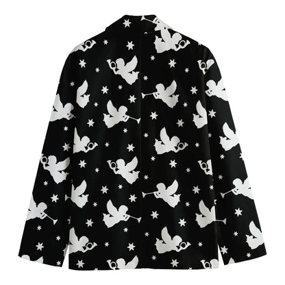 Black And White Angel Pattern Print Men's Cotton Blazer