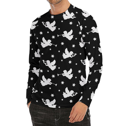 Black And White Angel Pattern Print Men's Long Sleeve Rash Guard