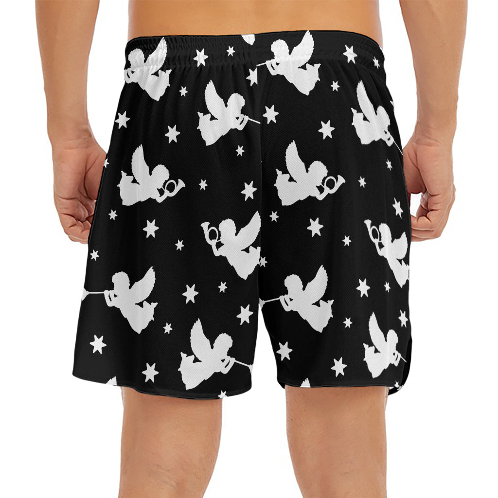 Black And White Angel Pattern Print Men's Split Running Shorts