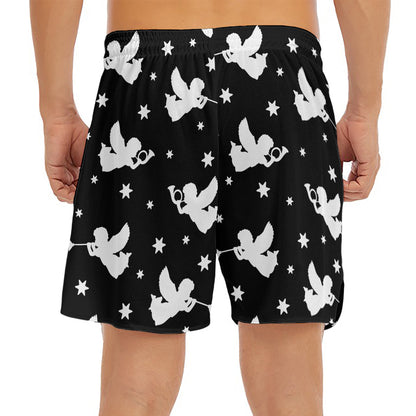 Black And White Angel Pattern Print Men's Split Running Shorts