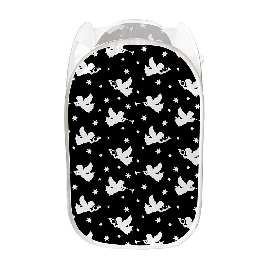 Black And White Angel Pattern Print Mesh Laundry Hamper