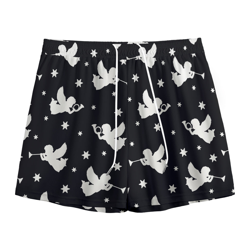 Black And White Angel Pattern Print Mesh Shorts
