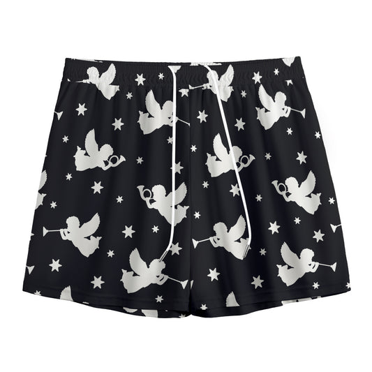 Black And White Angel Pattern Print Mesh Shorts