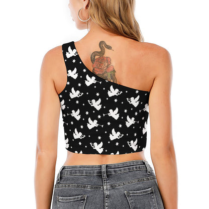 Black And White Angel Pattern Print One Shoulder Crop Top