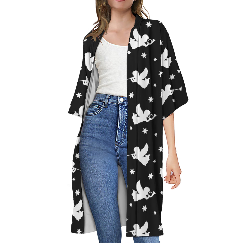 Black And White Angel Pattern Print Open Front Beach Cover Up