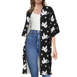 Black And White Angel Pattern Print Open Front Beach Cover Up