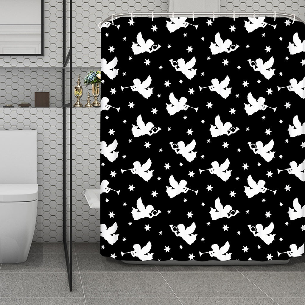 Black And White Angel Pattern Print Polyester Shower Curtain