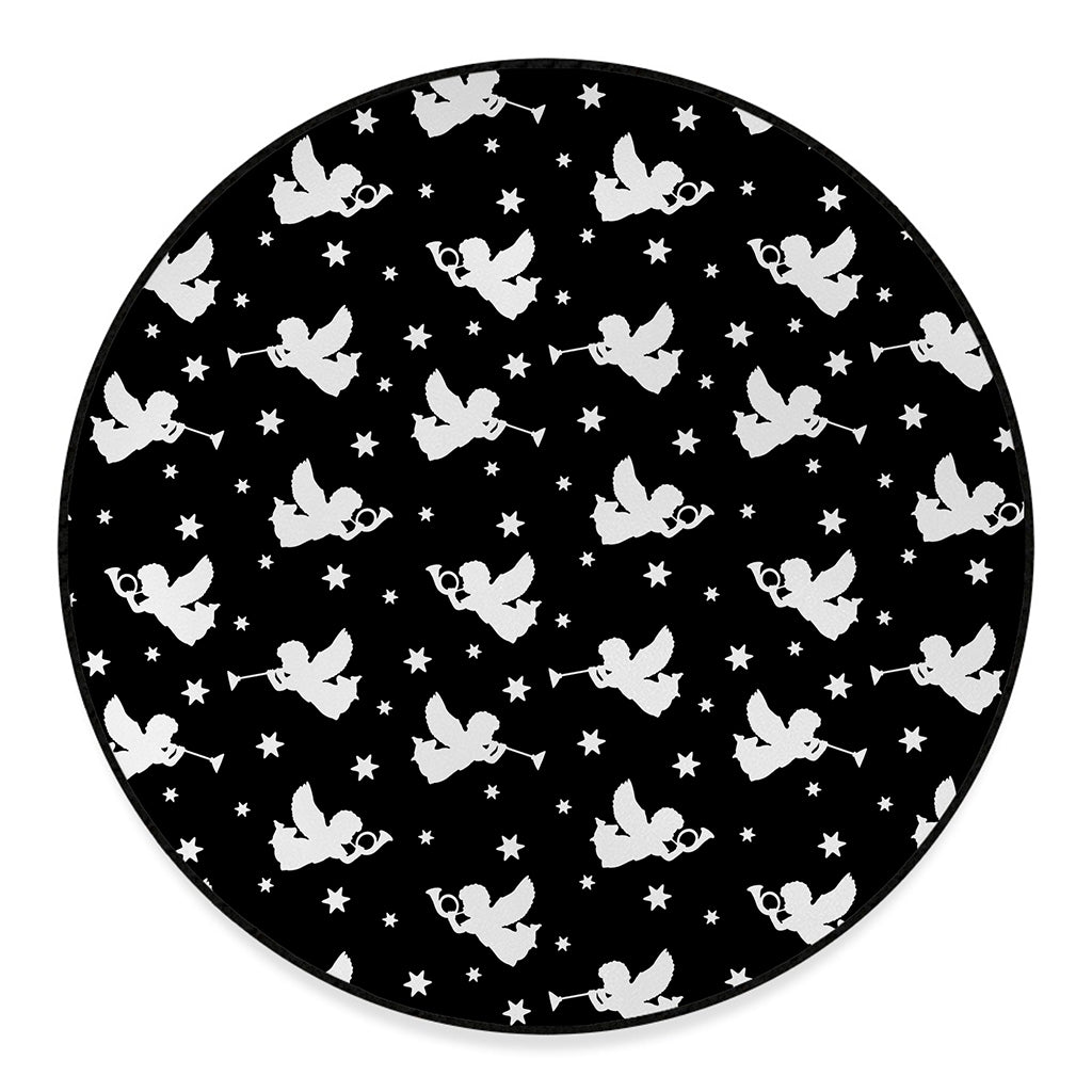 Black And White Angel Pattern Print Round Floor Mat