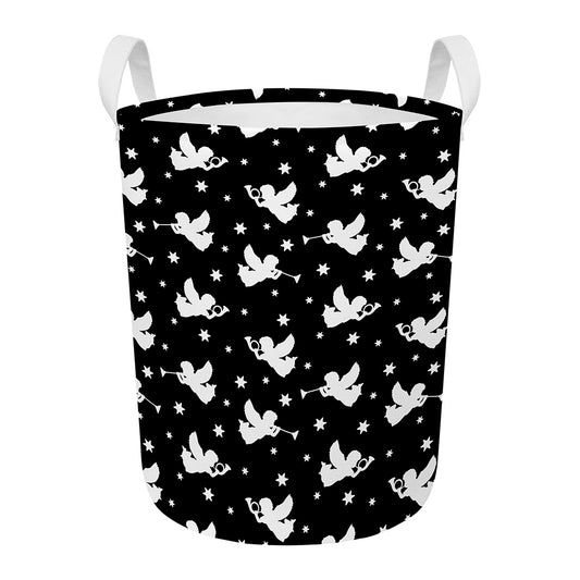 Black And White Angel Pattern Print Round Laundry Basket