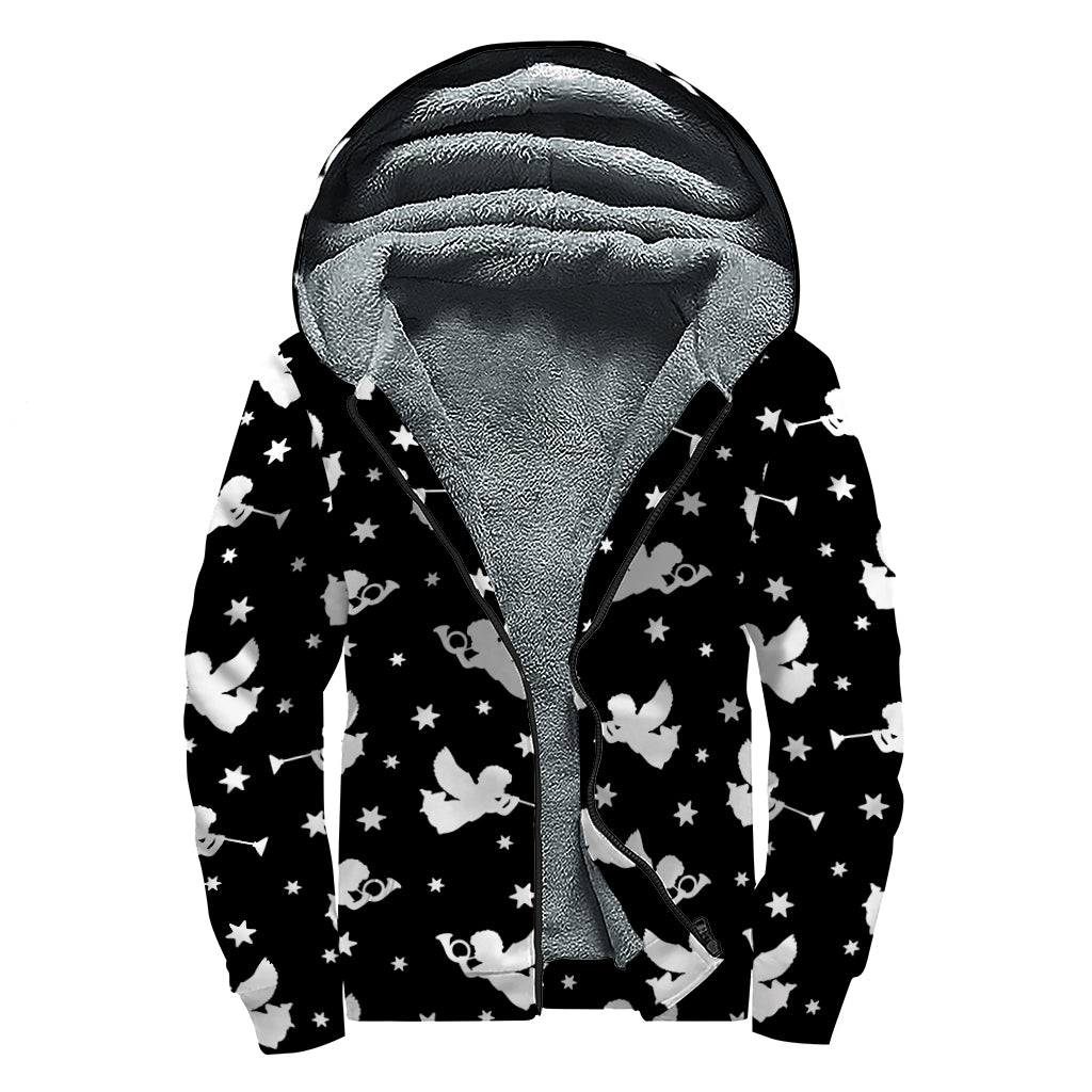 Black And White Angel Pattern Print Sherpa Lined Zip Up Hoodie