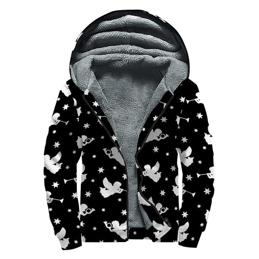 Black And White Angel Pattern Print Sherpa Lined Zip Up Hoodie