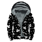 Black And White Angel Pattern Print Sherpa Lined Zip Up Hoodie