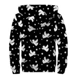 Black And White Angel Pattern Print Sherpa Lined Zip Up Hoodie