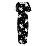Black And White Angel Pattern Print Short Sleeve Long Nightdress