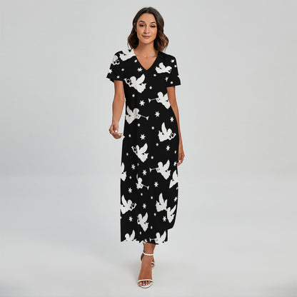 Black And White Angel Pattern Print Short Sleeve Maxi Dress