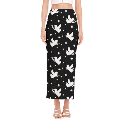 Black And White Angel Pattern Print Side Slit Maxi Skirt