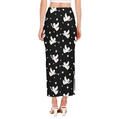 Black And White Angel Pattern Print Side Slit Maxi Skirt