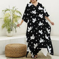 Black And White Angel Pattern Print Silk V-Neck Kaftan Dress