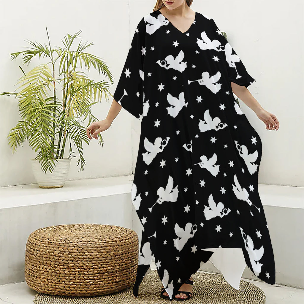Black And White Angel Pattern Print Silk V-Neck Kaftan Dress