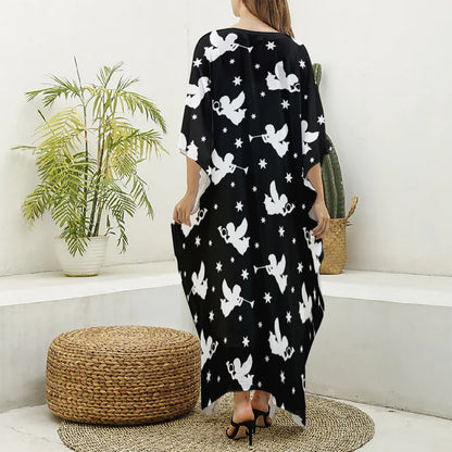 Black And White Angel Pattern Print Silk V-Neck Kaftan Dress